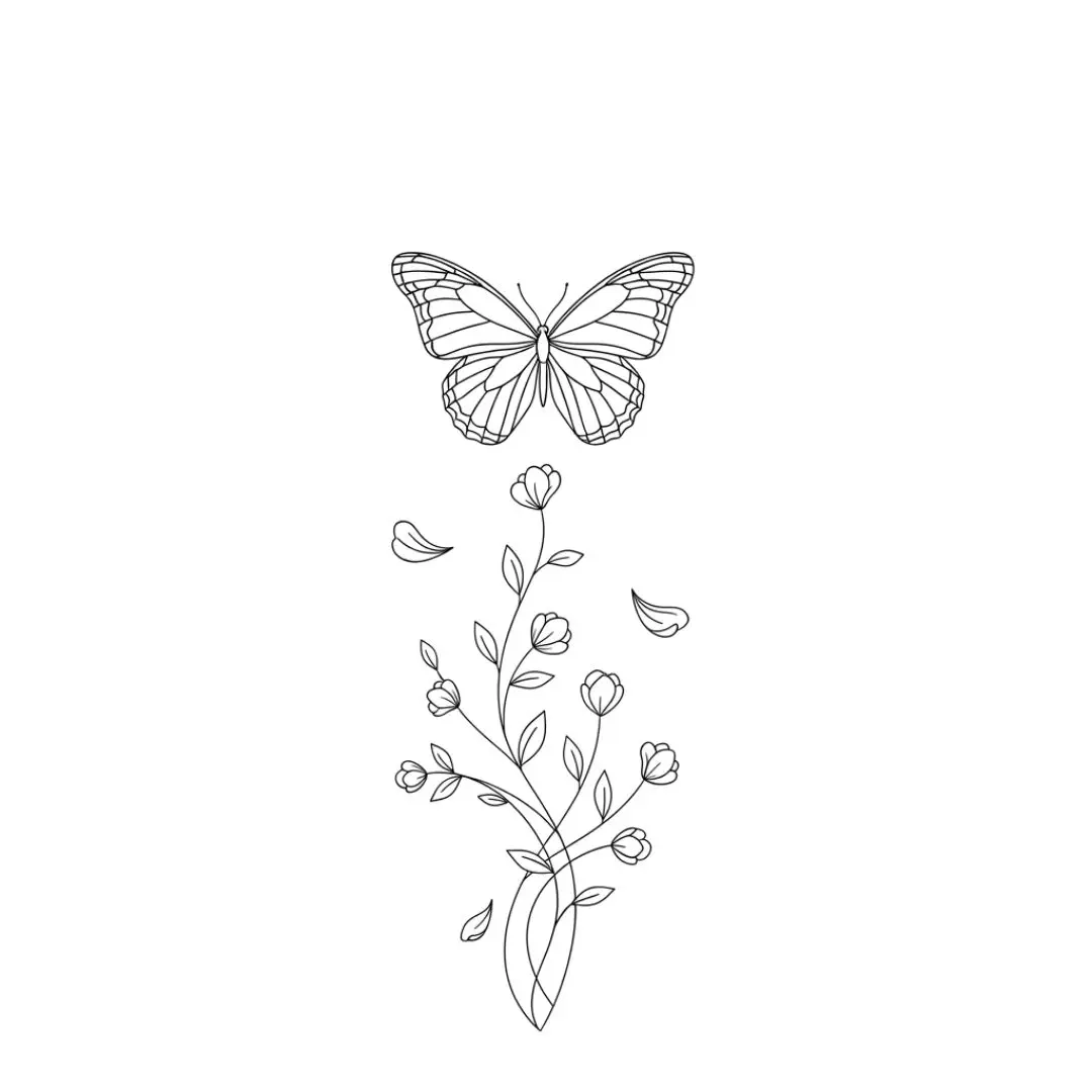 Elegant Butterfly with Flower Stem Line Art PNG