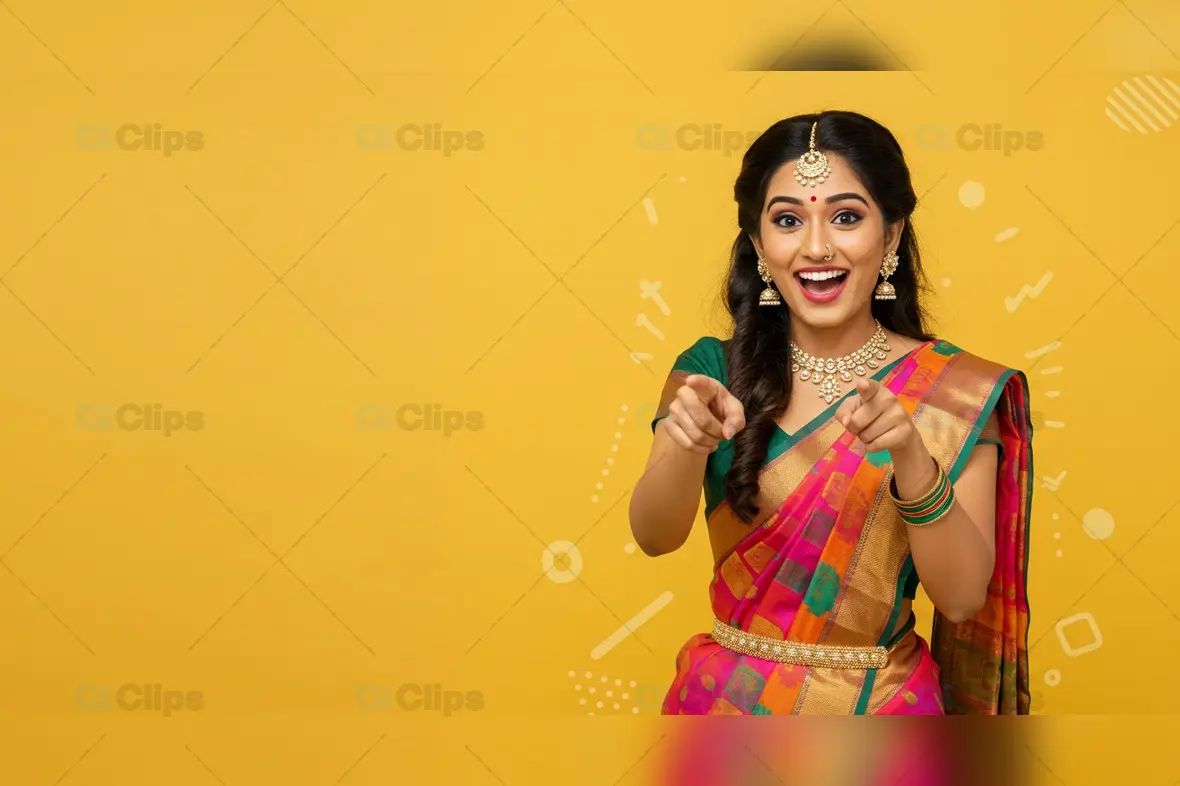 Smiling Indian Woman in Traditional Saree on Yellow