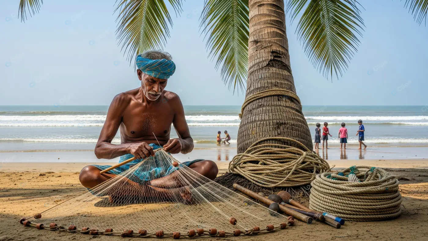 Coastal Fisherman Mending Net
