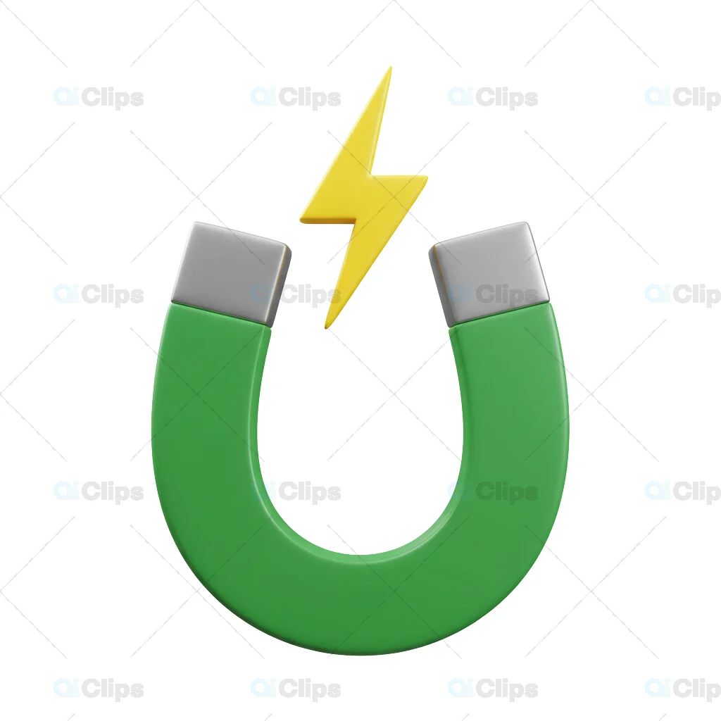 Green Magnet with Yellow Lightning Bolt 3D Illustration
