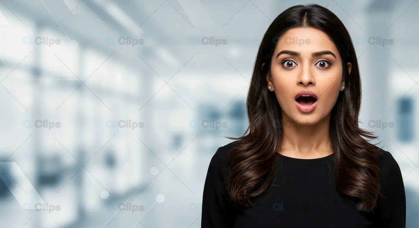 Shocked Indian Woman in Office Background