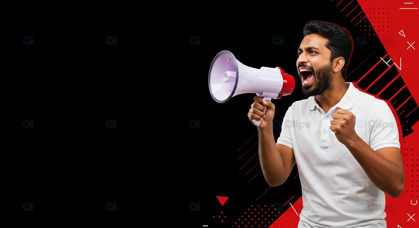 Indian Man Shouting Through Megaphone on Black and Red Background
