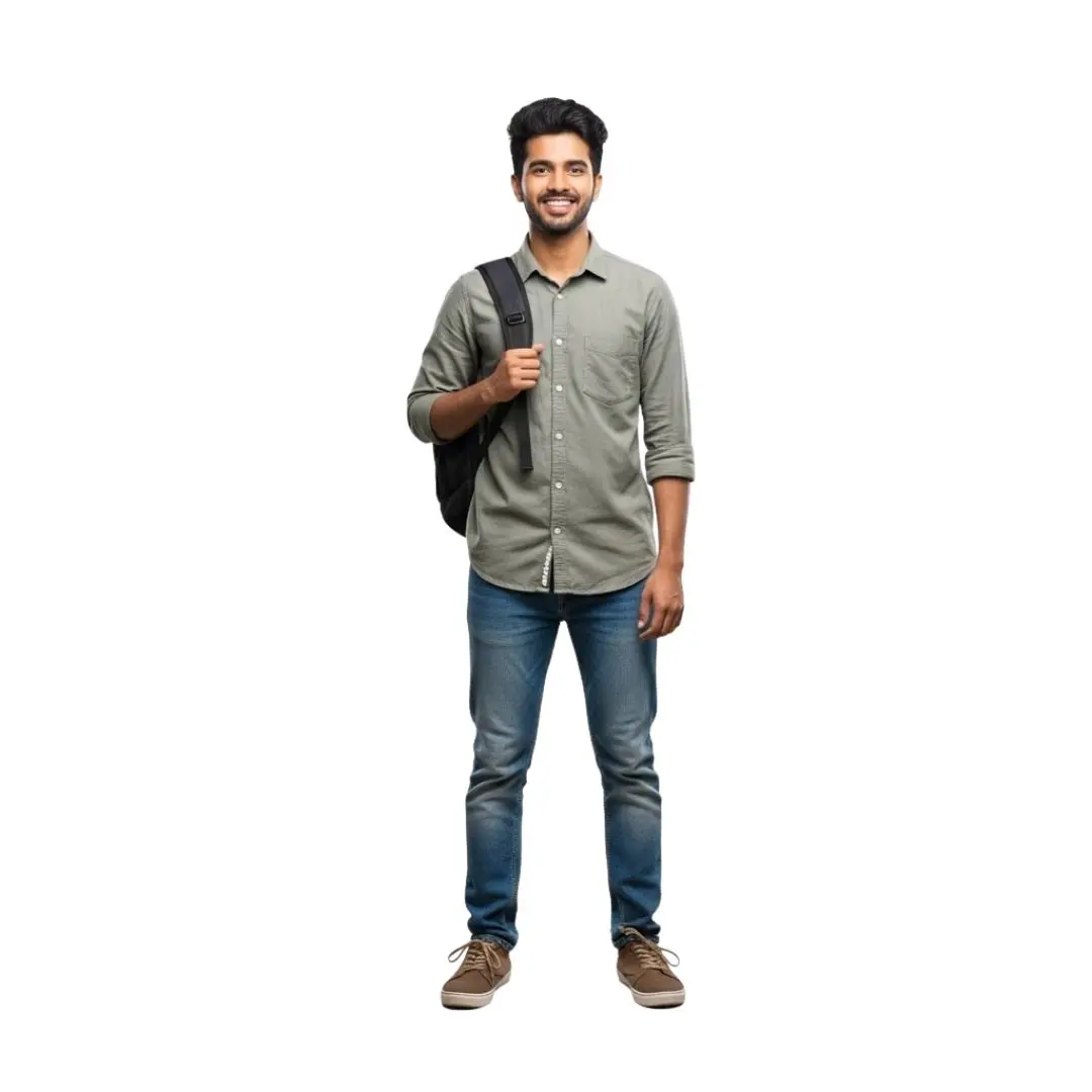 Cheerful Indian University Student with Backpack PNG Image