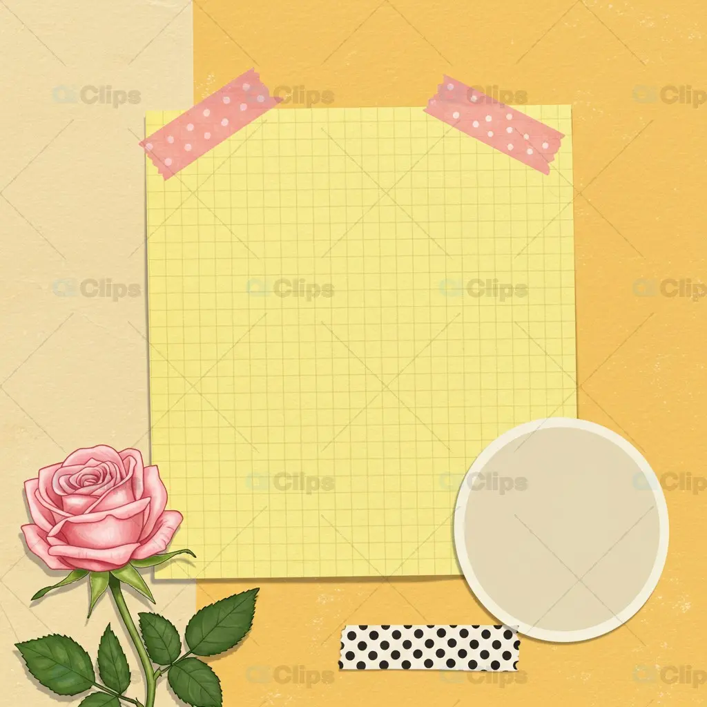 Romantic Grid Note Template with Pink Rose and Polka Dots