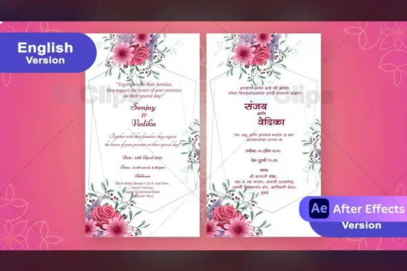 Elegant Pink Floral Wedding Invitation Marathi & English Template with Bilingual Text