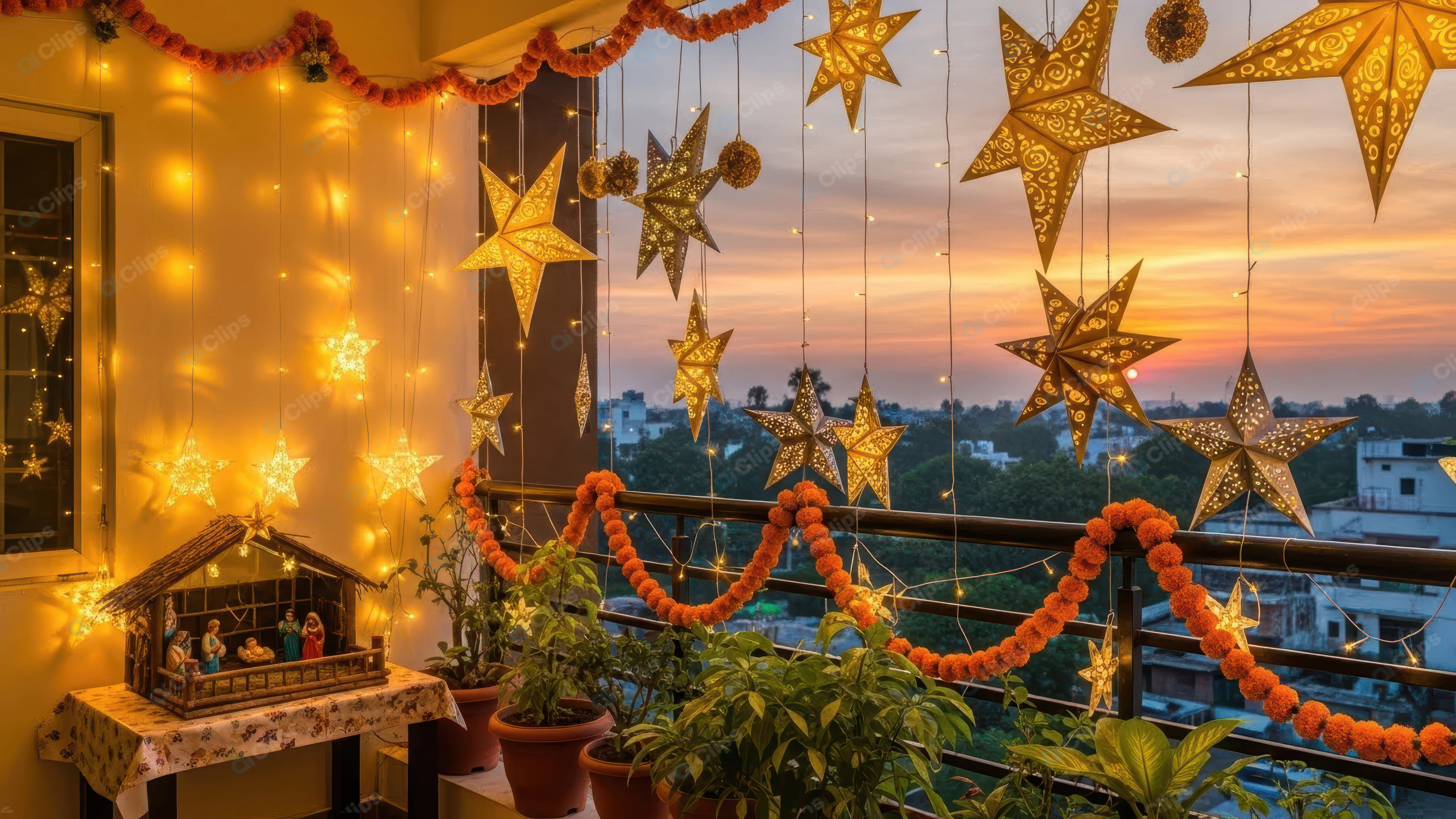 Festive Urban Balcony Illuminated for Christmas