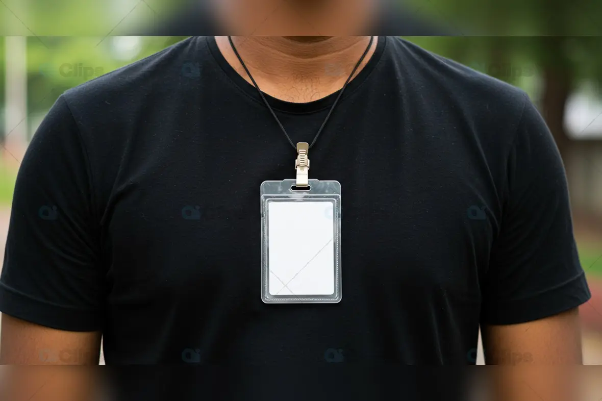 Blank ID Badge on Black T-Shirt Close-Up