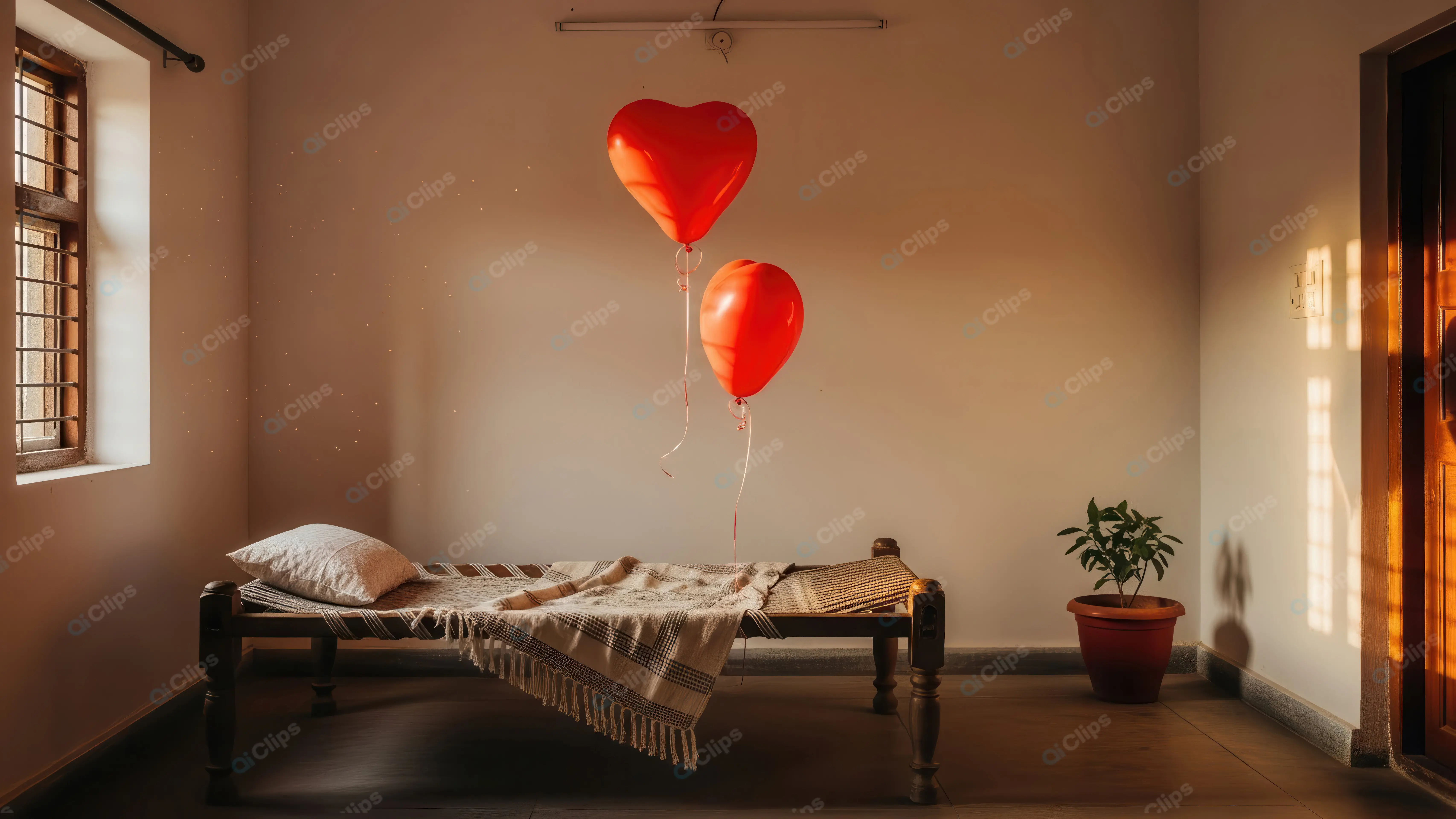 Sunlit Bedroom with Romantic Balloons