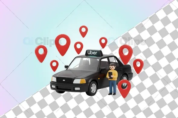 Uber Black Taxi with Driver and Location Markers 3D Illustration