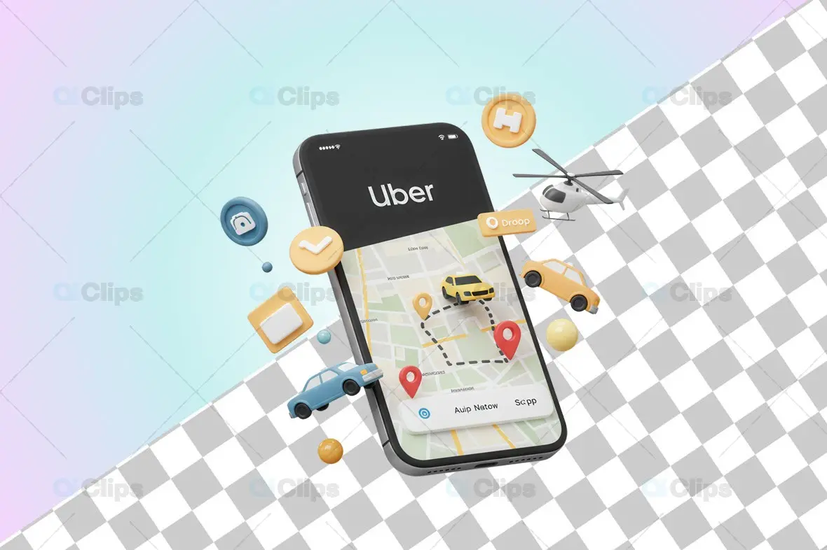 3D Uber App Navigation Illustration with Vehicle and Route Icons