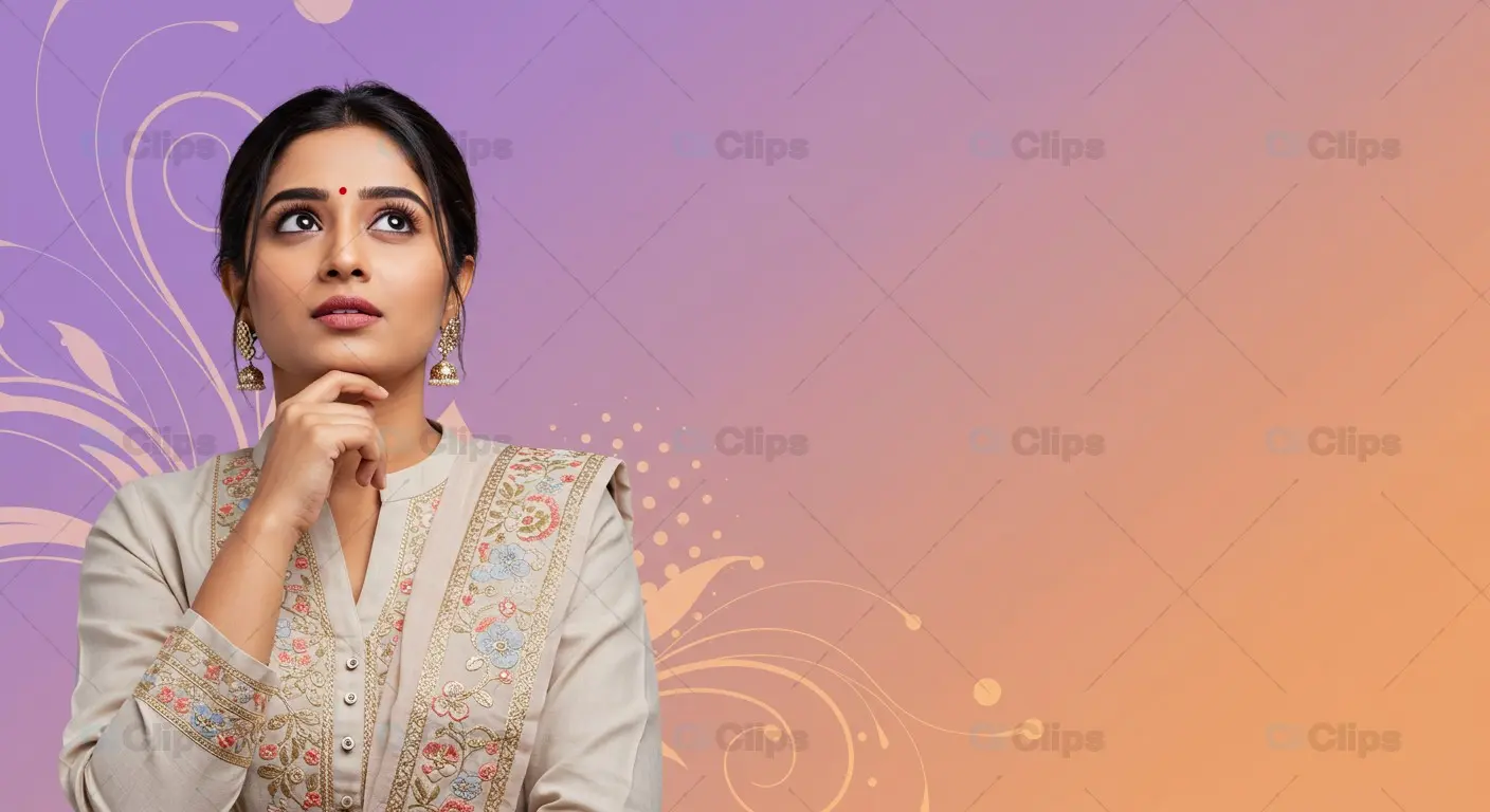 Indian Woman in Thoughtful Pose on Pastel Gradient Floral Background