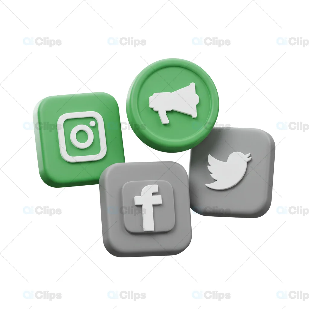 3D Social Media Icons Instagram, Twitter, Facebook & Megaphone