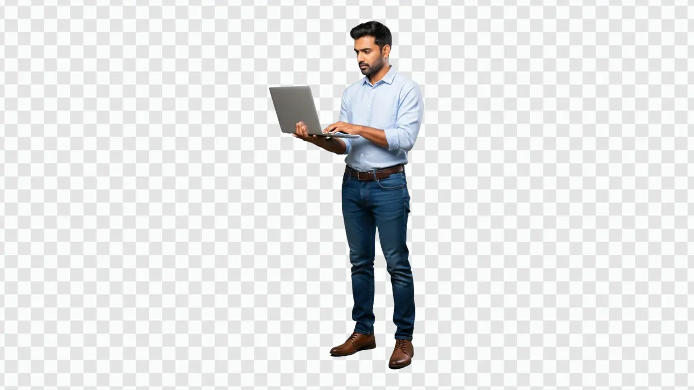 Indian Man in Casual Formals Working on Laptop PNG