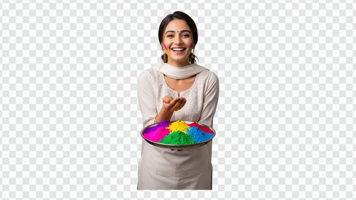 Smiling Woman with Holi Color Powder Thali PNG