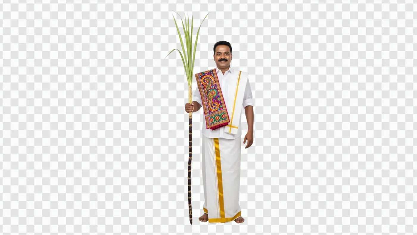 Smiling South Indian Man Holding Sugarcane for Pongal PNG