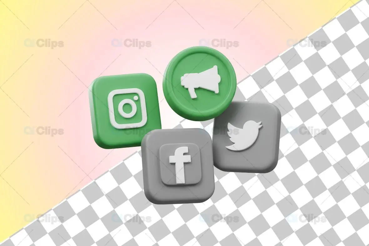 3D Social Media Icons Instagram, Twitter, Facebook & Megaphone