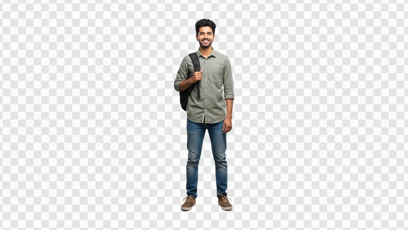 Cheerful Indian University Student with Backpack PNG Image