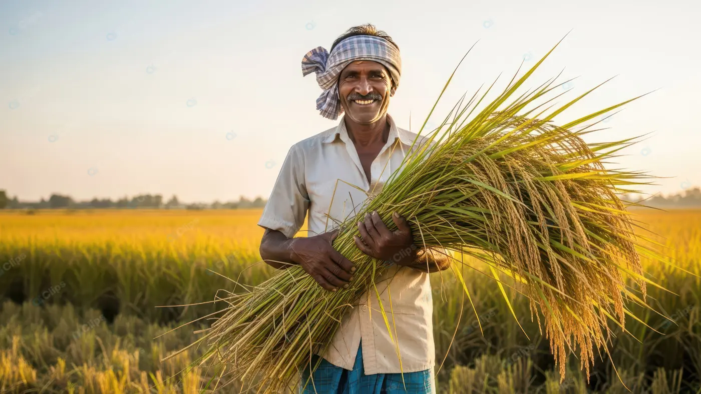 Contented Farmer with Golden Rice Harvest