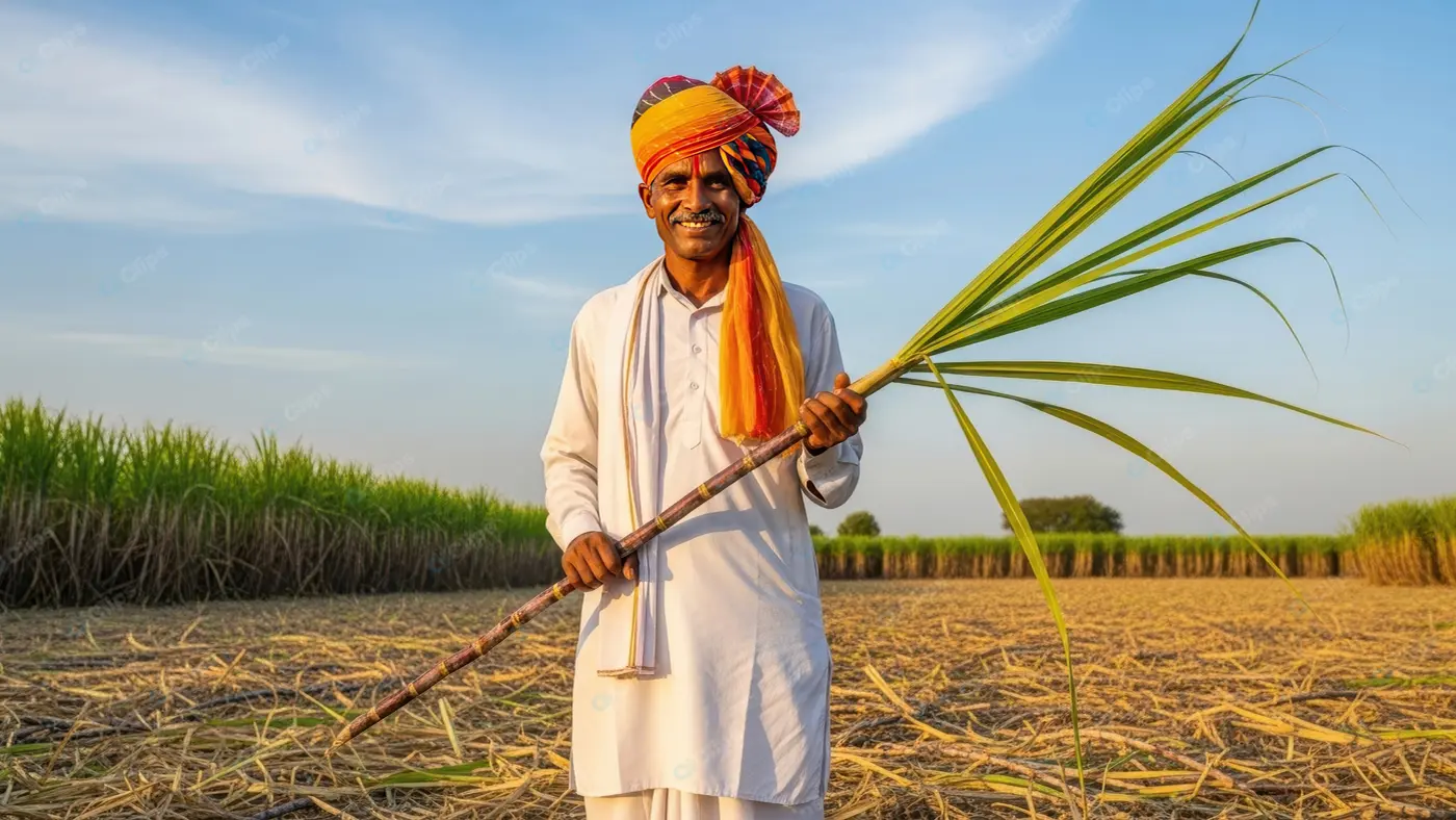 Rural Indian Farmer with Sugarcane Harvest