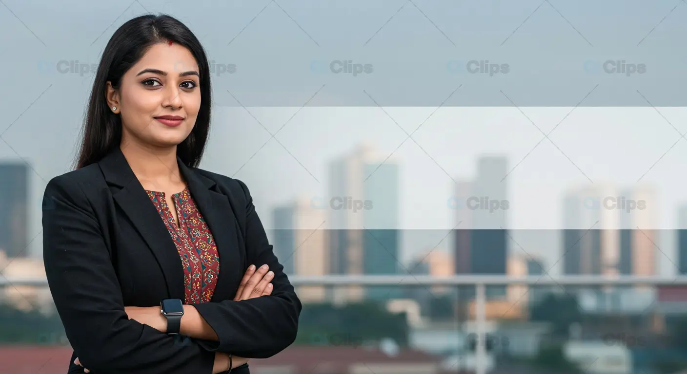 Confident Businesswoman with Cityscape Background