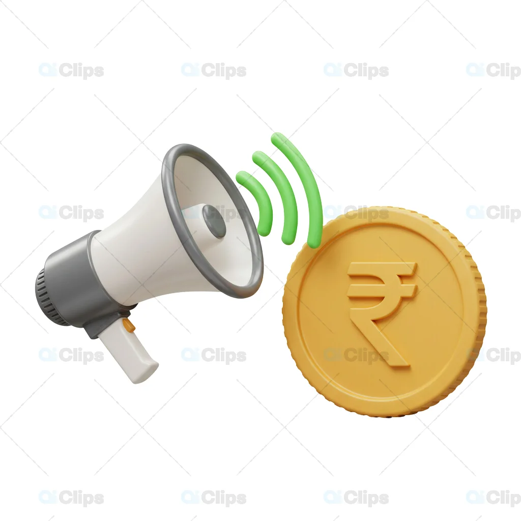 3D Megaphone Broadcasting Indian Rupee Coin Financial Concept