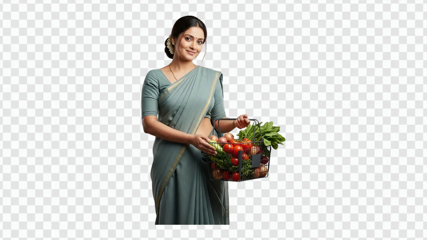 Indian Woman with Vegetable Grocery Basket Clipart PNG