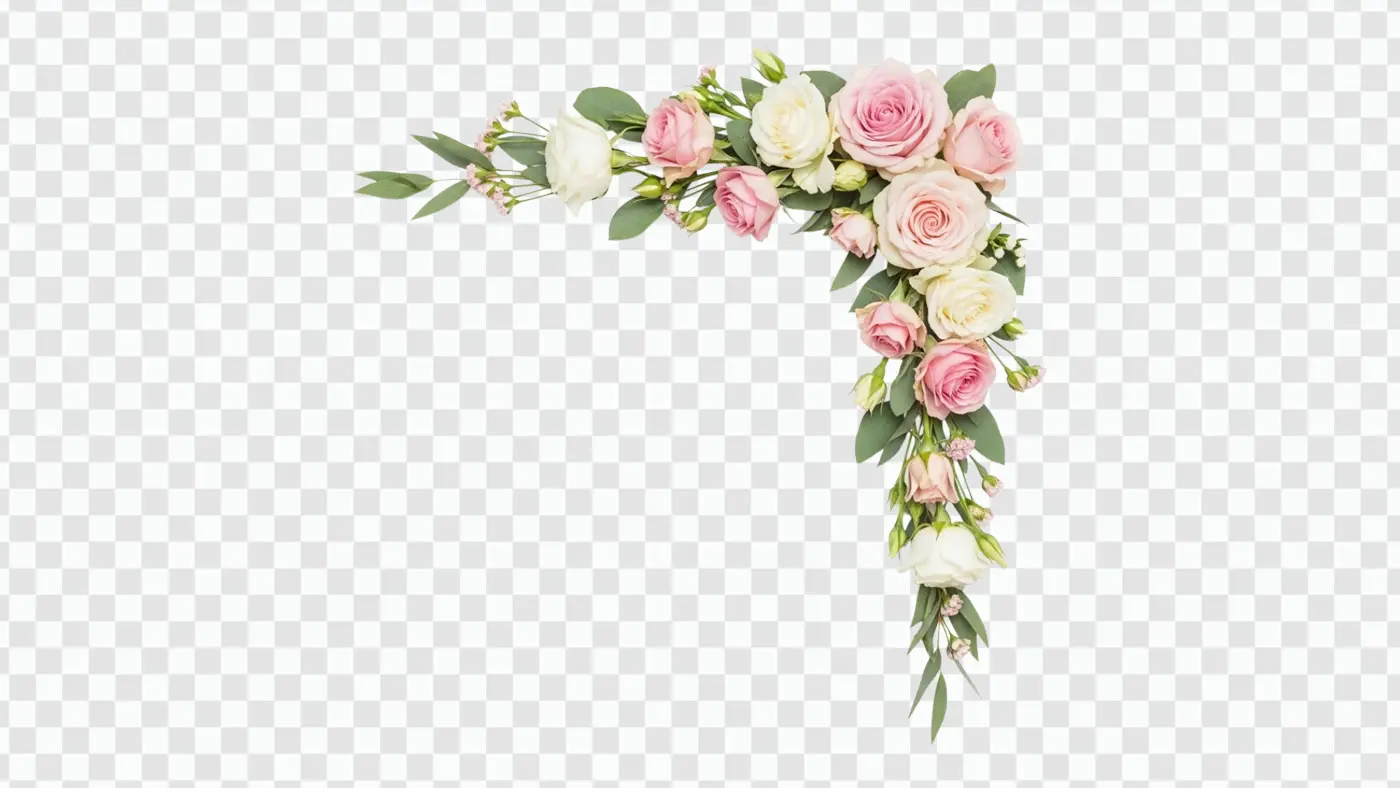 Elegant Pink White Roses Corner Floral Clipart PNG