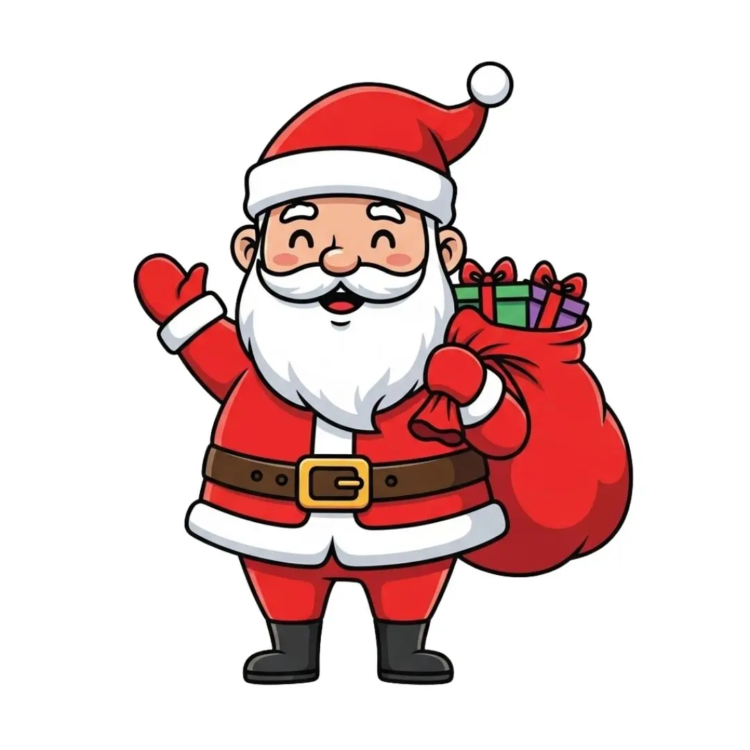 Cheerful Cartoon Santa Claus Waving With Gift Sack PNG