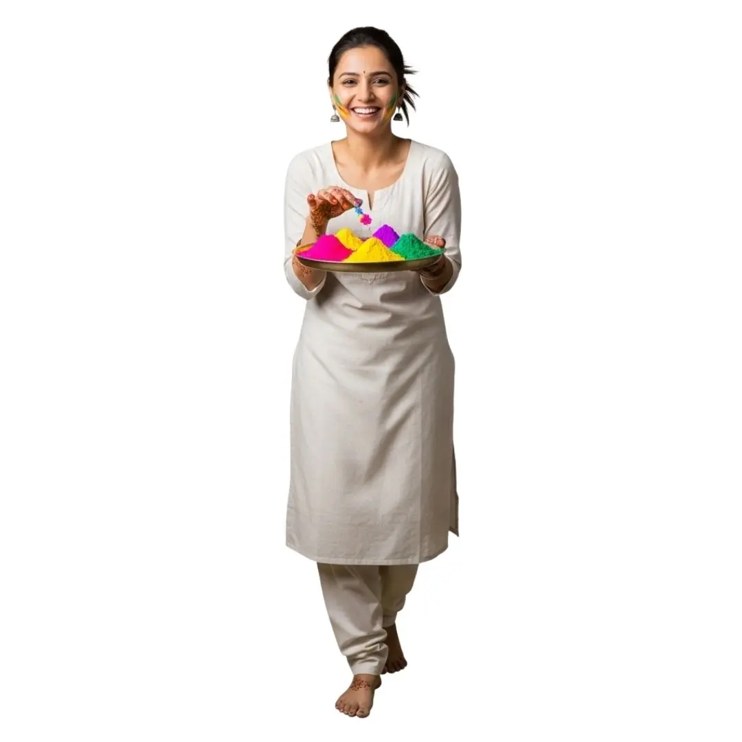 Young Indian Woman Holding Colorful Gulal Thali PNG