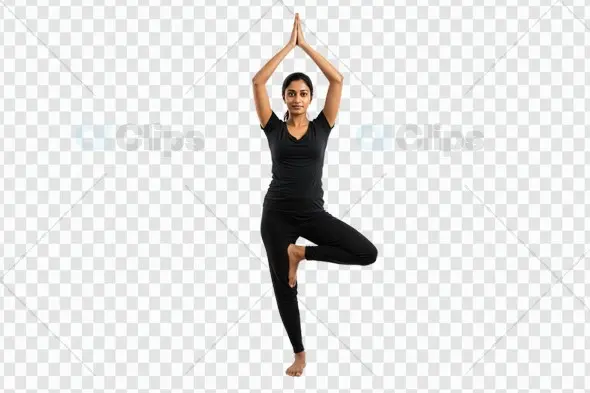 Woman Performing Tree Pose Yoga Position on Transparent Background