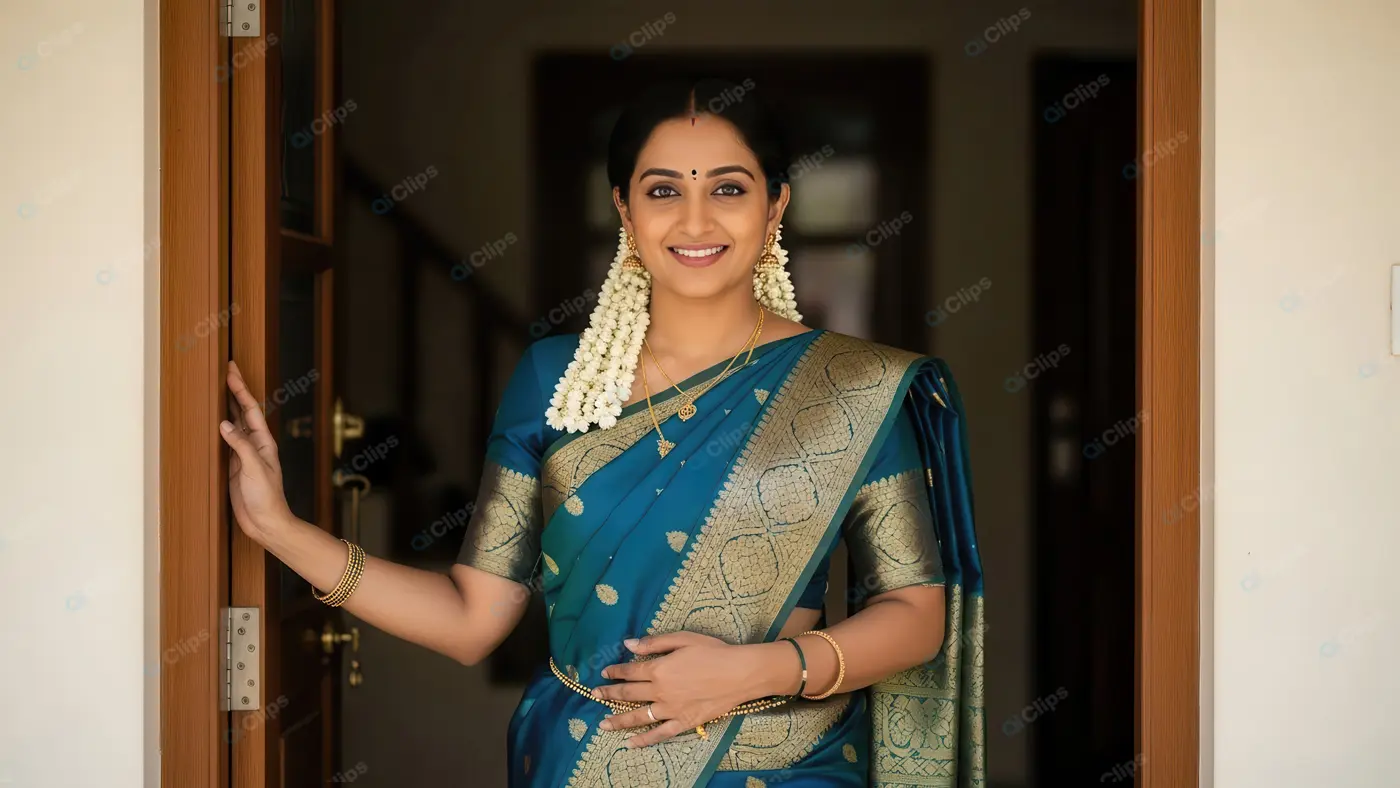 Elegant Woman Greeting at Doorstep