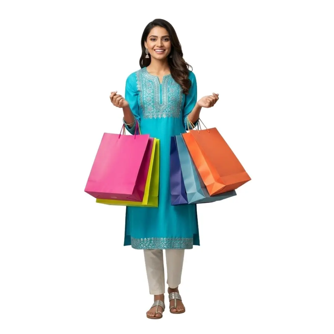 Happy Indian Woman Carrying Colorful Shopping Bags PNG