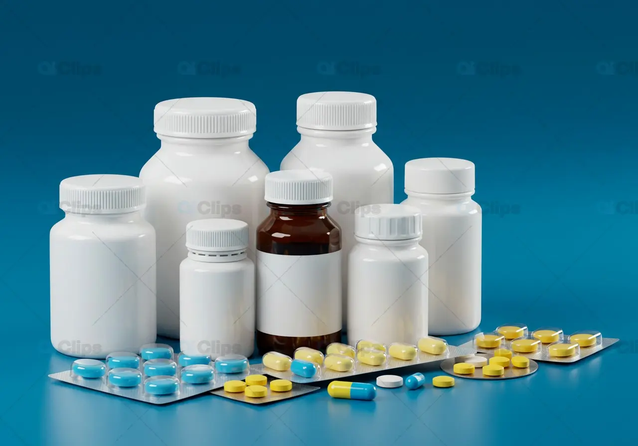 Assorted Medicine Bottles and Pills on Blue Background