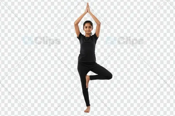 Young Yogi in Tree Pose with Raised Arms on White Background