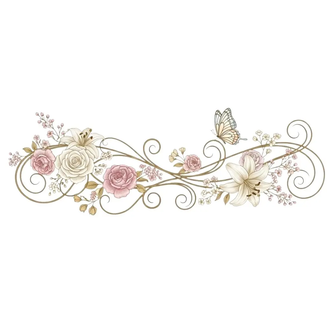 Elegant Rose Lily Floral Divider with Butterfly Clipart PNG