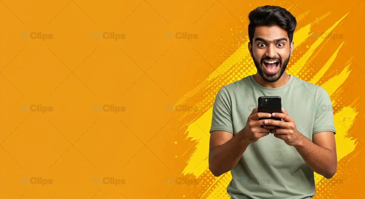 Excited Man Using Smartphone Background