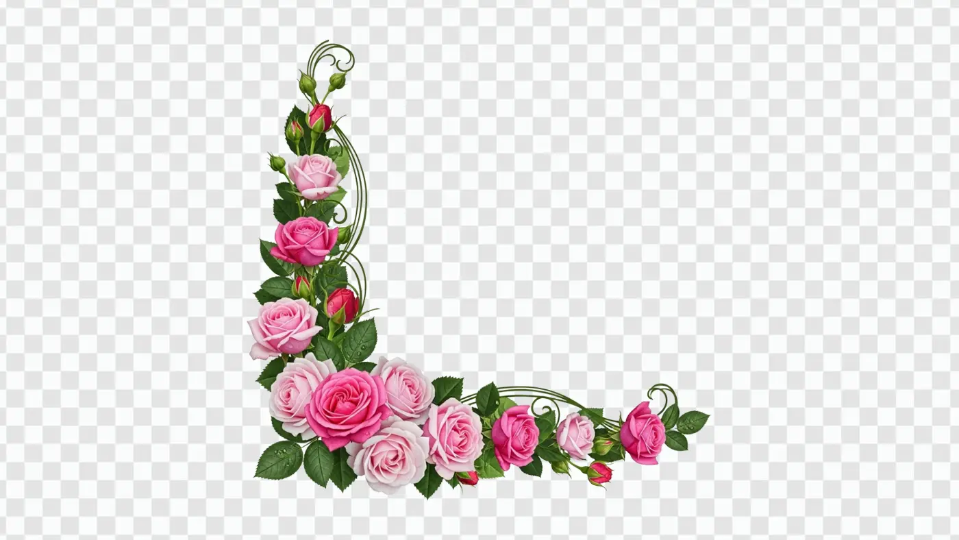 Realistic Pink Rose Corner Border with Swirls PNG