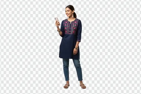 Happy Indian Woman in Kurti Using Smartphone PNG