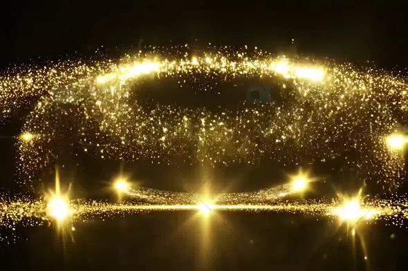 Elegant Golden Particle Arc with Glowing Light Beams