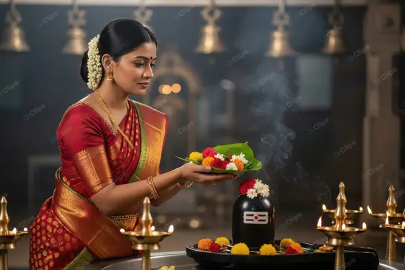 Serene Woman's Offering at a Temple