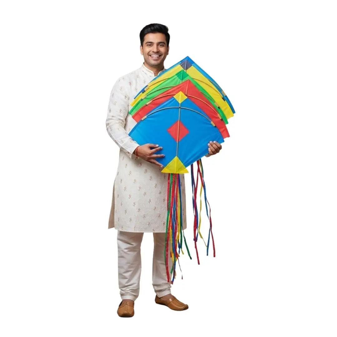 Smiling Man in Kurta Holding Festive Kites PNG