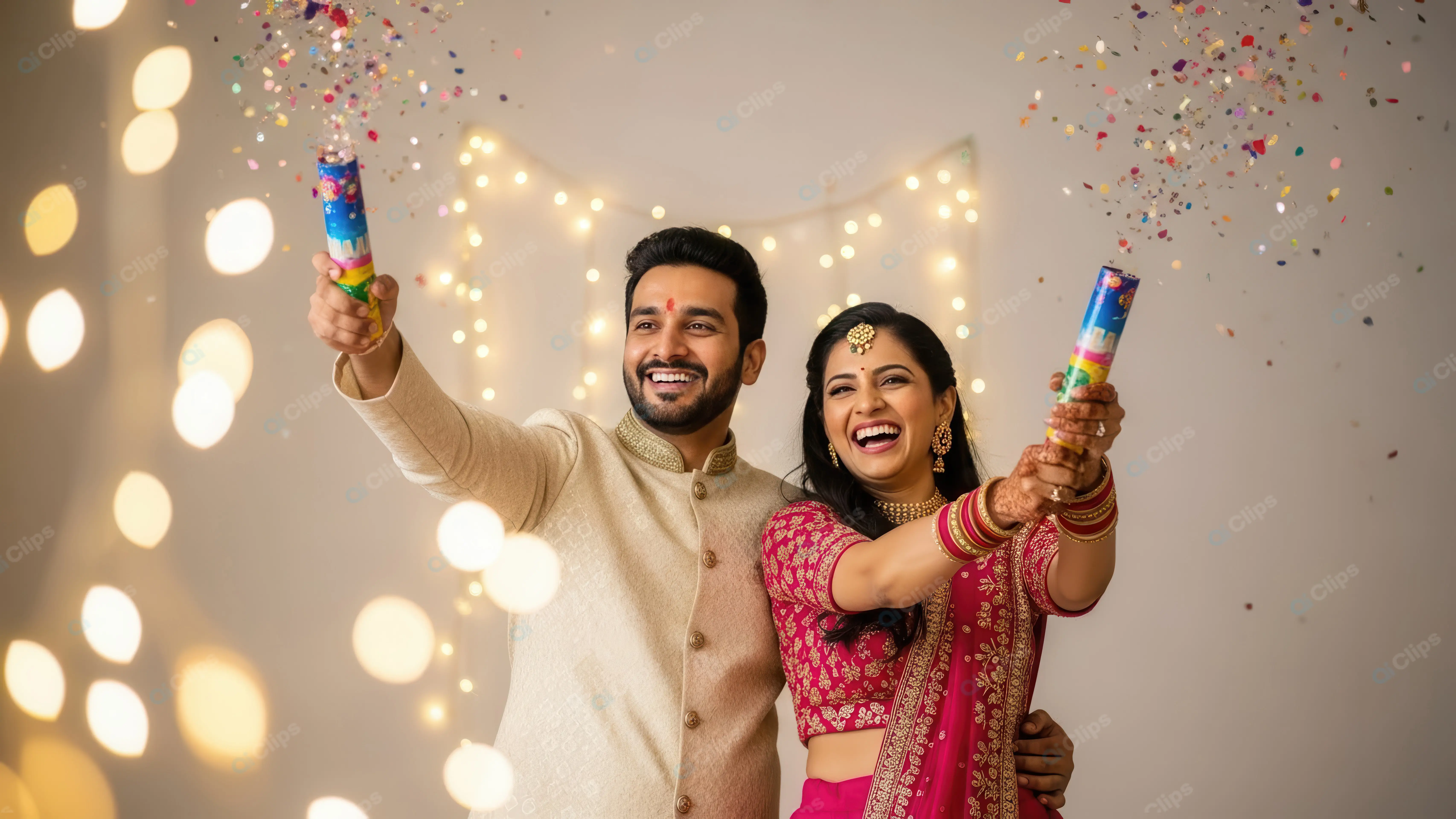 Festive Indian Couple with Party Poppers