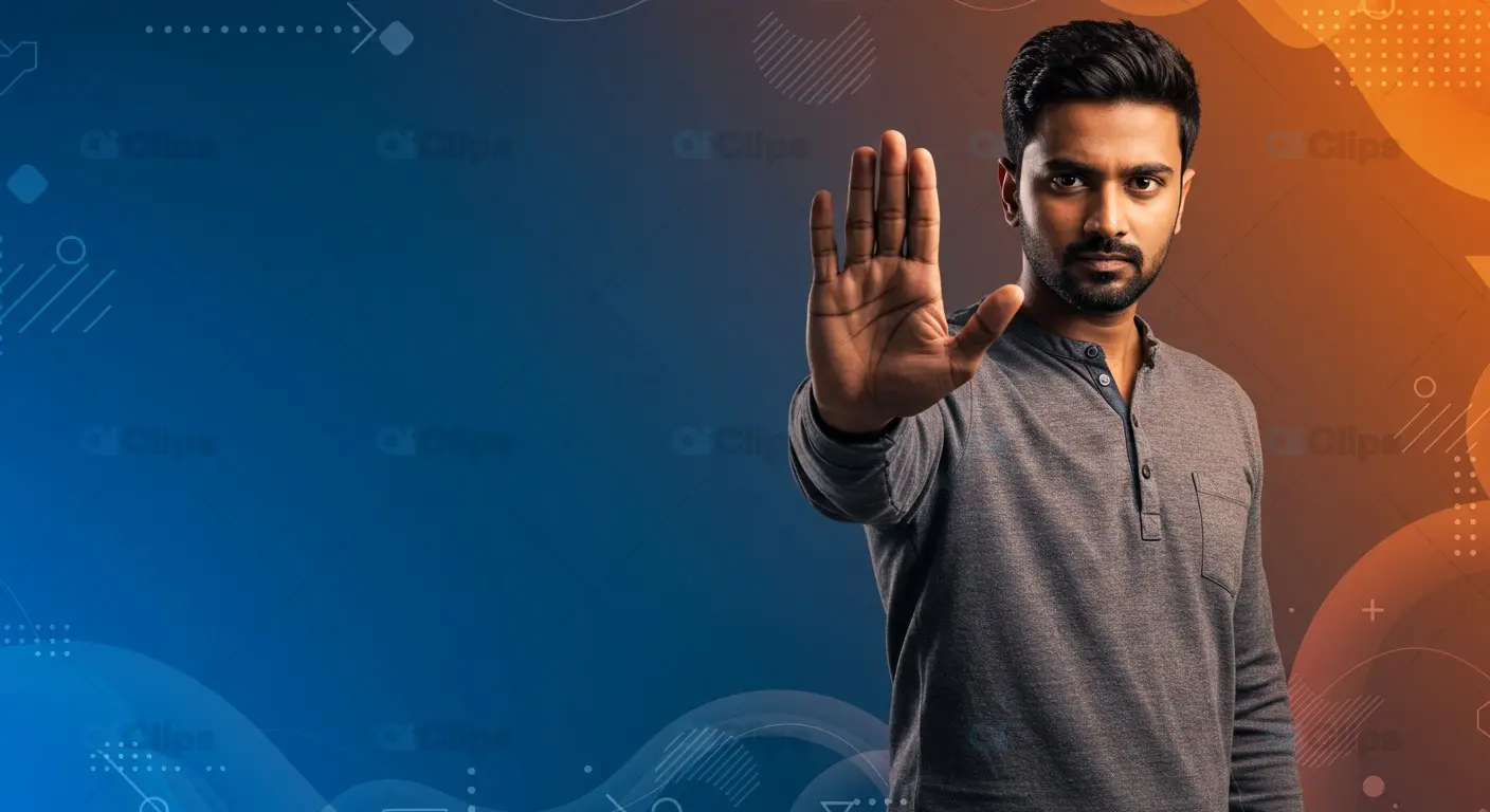 Indian Man Gesturing Stop on Blue and Orange Abstract Background