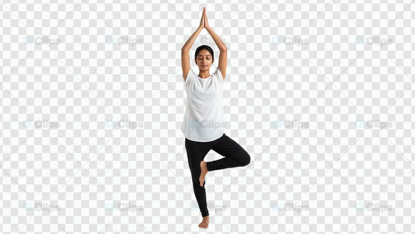 Person Performing Tree Pose Yoga Position on Transparent Background