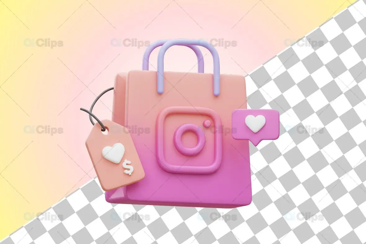 3D Instagram Shopping Bag with Price Tag and Like Icon