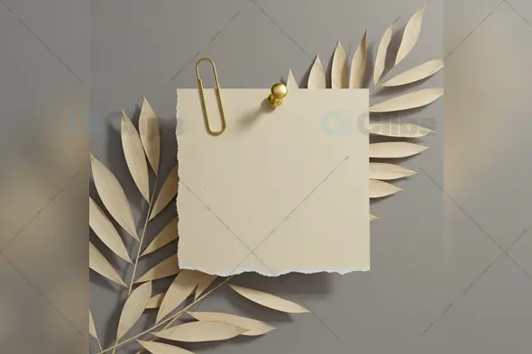 Minimalist Note Card with Golden Pin and Dried Palm Leaves