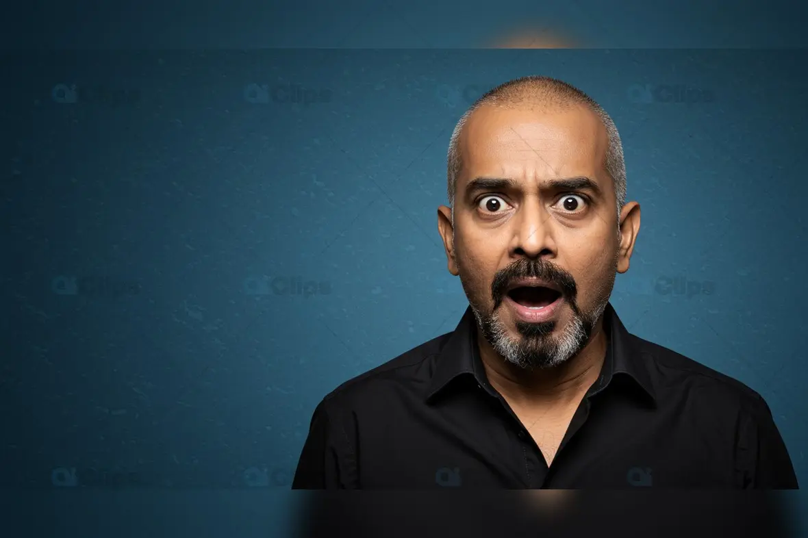 Shocked Indian Man on Textured Blue Background