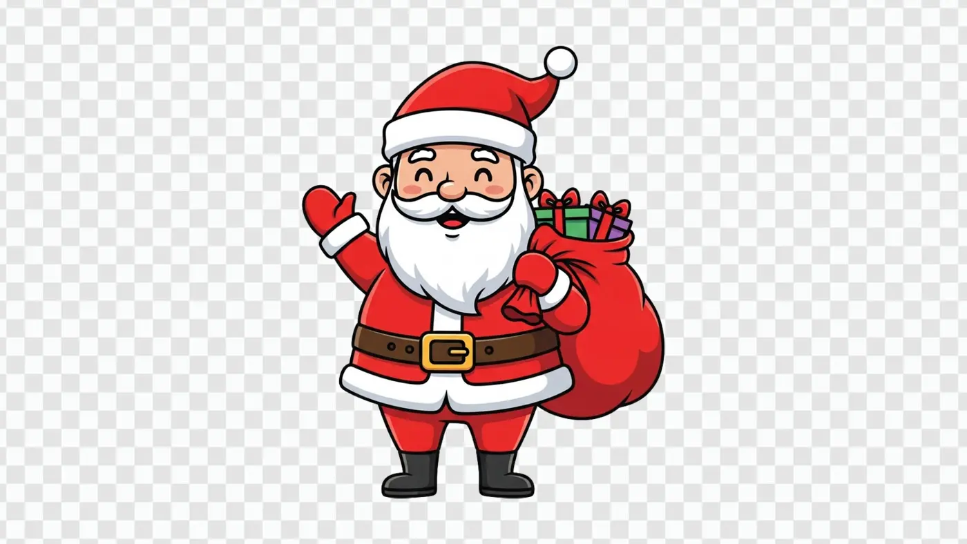 Cheerful Cartoon Santa Claus Waving With Gift Sack PNG