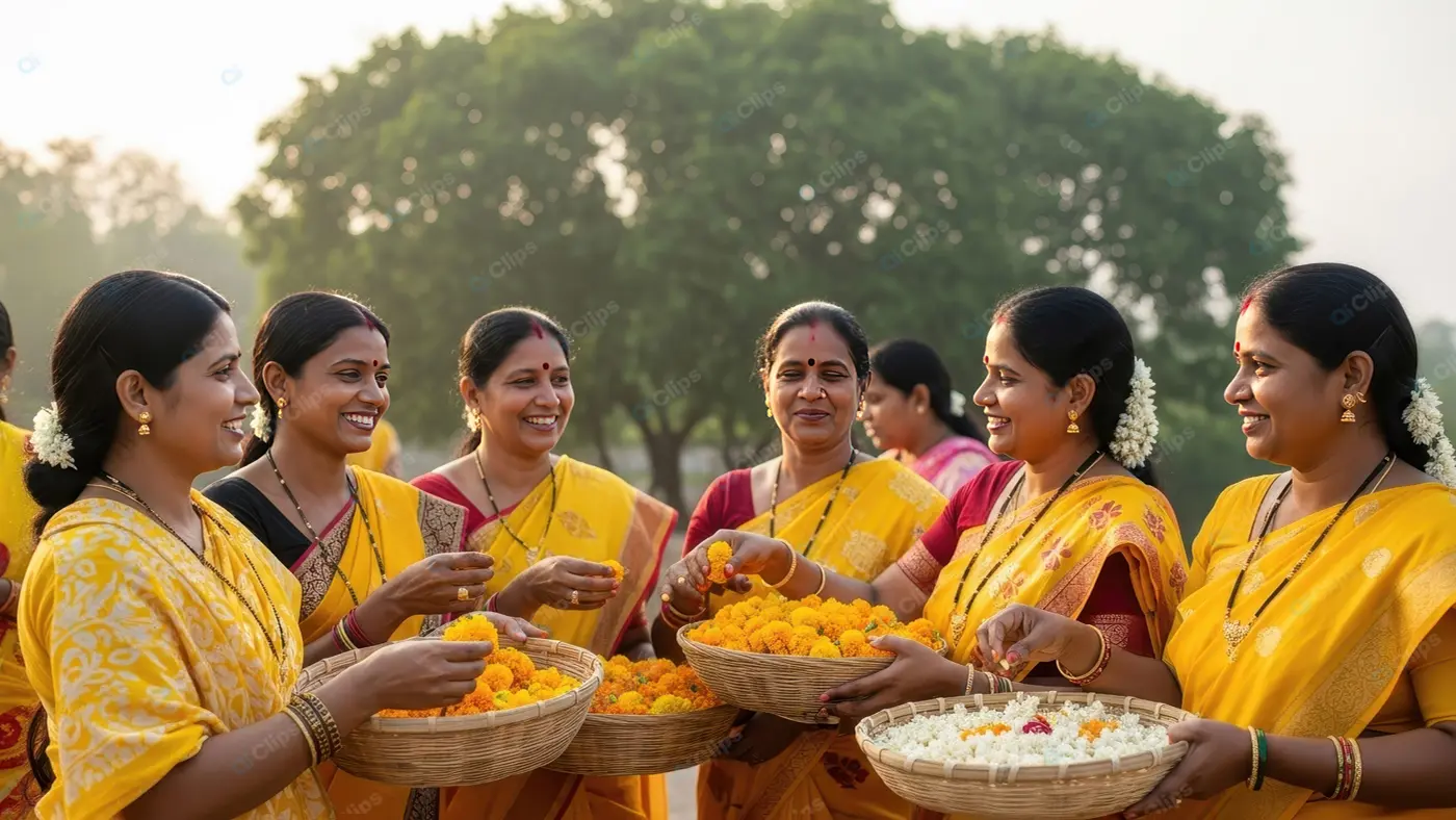 Indian Women with Festive Marigold Baskets