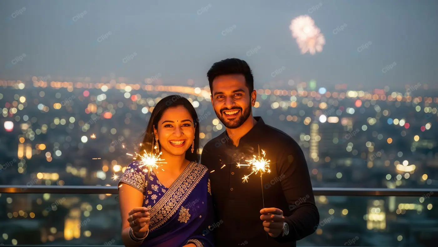 Joyful Indian Couple Celebrating with Sparklers Over City